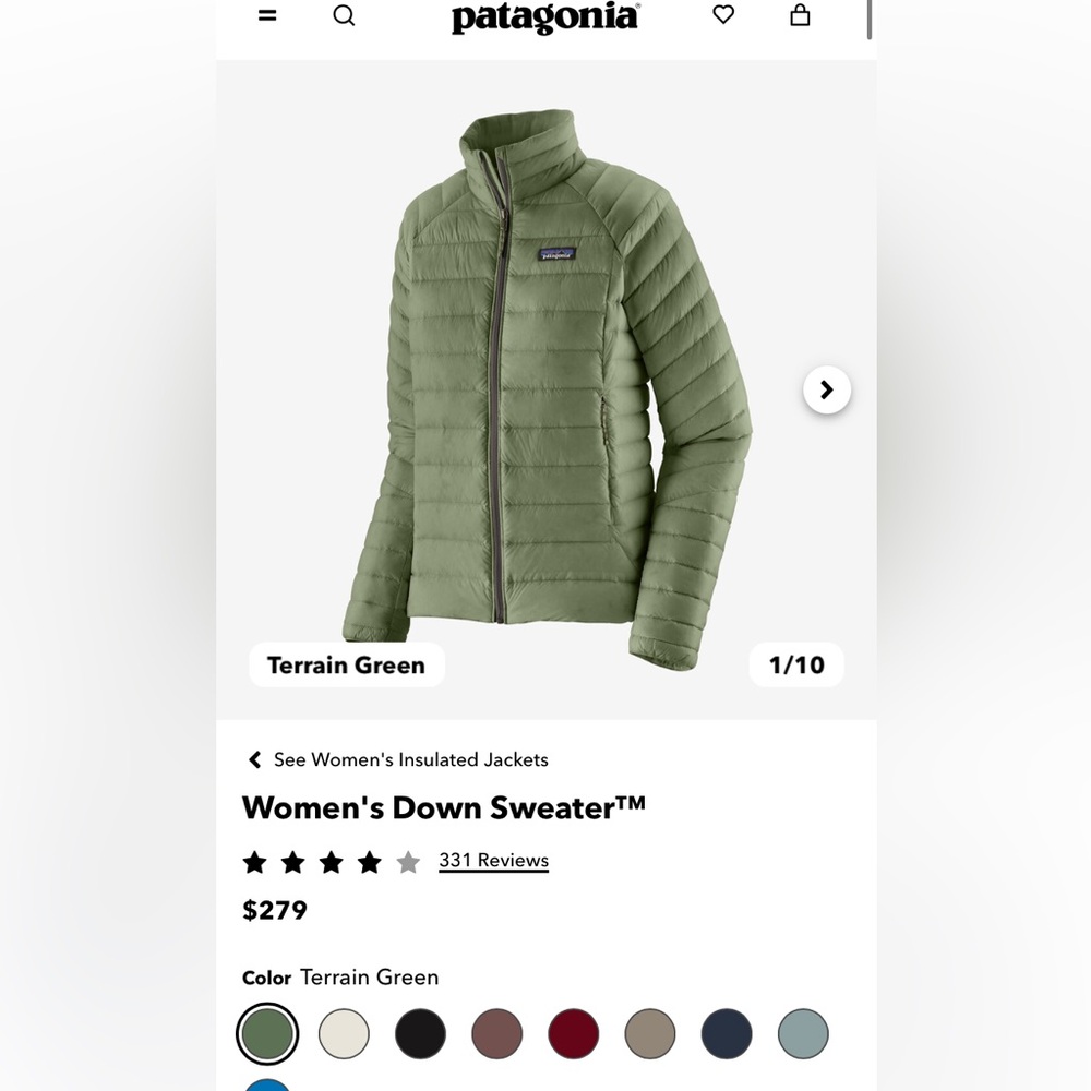 Sage Green, Patagonia Down Jacket— Women’s Large, EUC